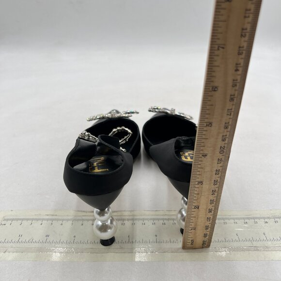 FSJ Black Pointed Toe with Two Bows Mules Perals High Heel Sandal Slip On Shoes - Picture 5 of 8